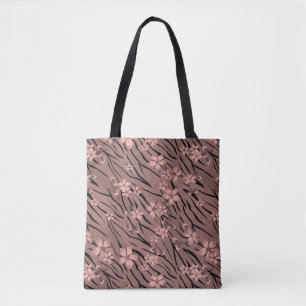 Floral, bruin, tijgerpatroon tote bag