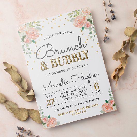 Floral Brunch en Bubble Peony Gold Vrijgezellenfee Kaart