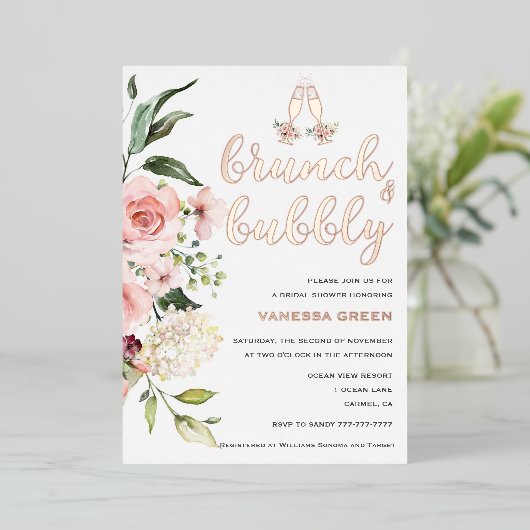 Floral Brunch en Bubble Vrijgezellenfeest Roos Gol Folie Uitnodiging (Staand Voorkant)