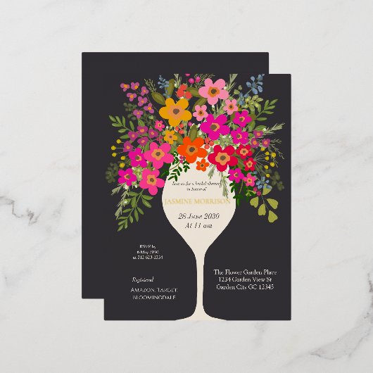 Floral Brunch wijnglas Vrijgezellenfeest Folie Uitnodiging Briefkaart (Voorkant / Achterkant)
