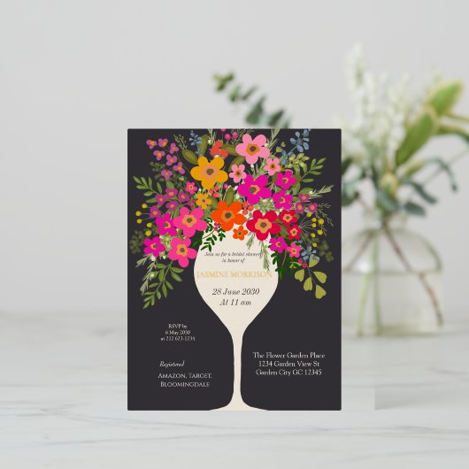 Floral Brunch wijnglas Vrijgezellenfeest Folie Uitnodiging Briefkaart (Staand Voorkant)