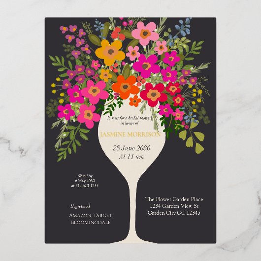 Floral Brunch wijnglas Vrijgezellenfeest Folie Uitnodiging Briefkaart (Voorkant)