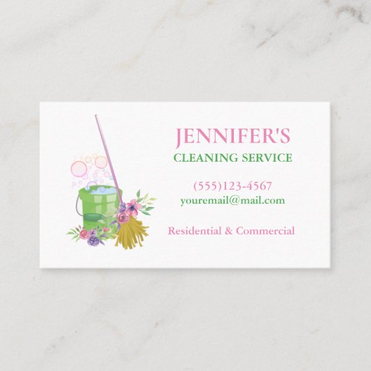 Floral Bucket & Mop House Cleaning Service Visitekaartje (Voorkant)