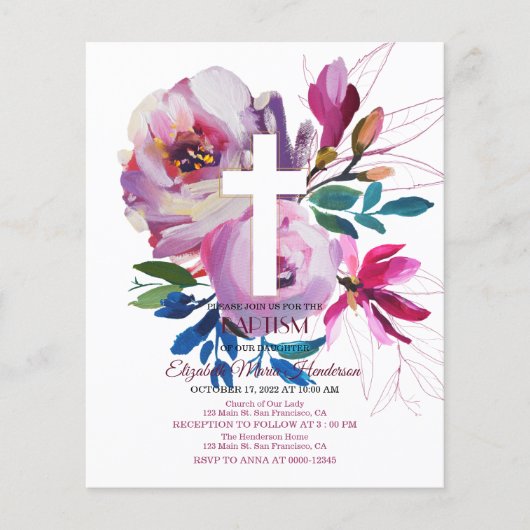Floral BUDGET Baptism Invitation. Flyer (Voorkant)