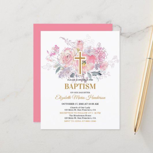 Floral/BUDGET-Girl Baptism Invitation. (Voorkant / Achterkant in situ)