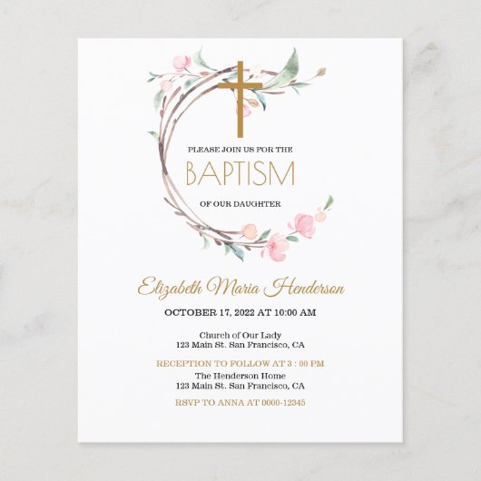 Floral/BUDGET/Girl Baptism Invitation. Flyer (Voorkant)