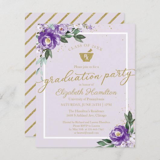 Floral Budget Invitation Pharmacy Afstudeerder Par (Voorkant / Achterkant)