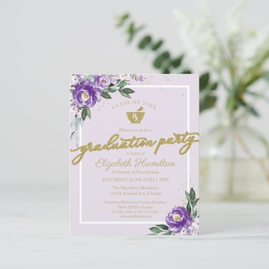 Floral Budget Invitation Pharmacy Afstudeerder Par (Staand voorkant)