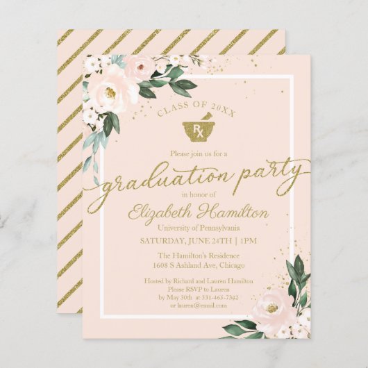 Floral Budget Invitation Pharmacy Afstudeerder Par (Voorkant / Achterkant)
