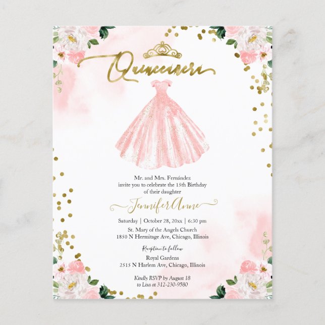 Floral Budget Quinceanera Uitnodiging Bilingual (Voorkant)