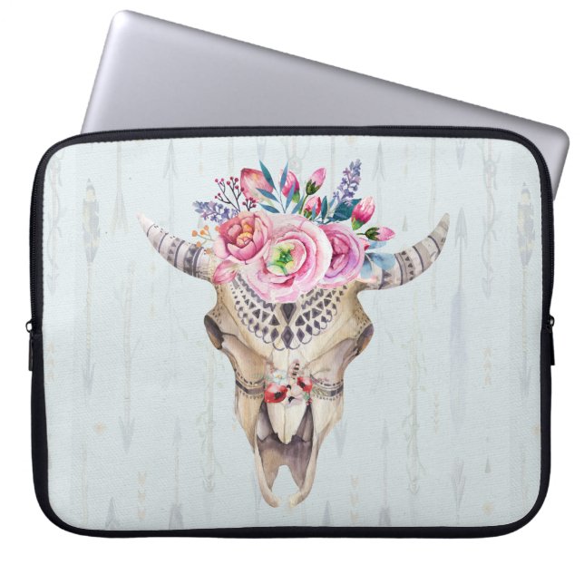 Floral Bull Skull Over Light Blue Background Laptop Sleeve (Voorkant)