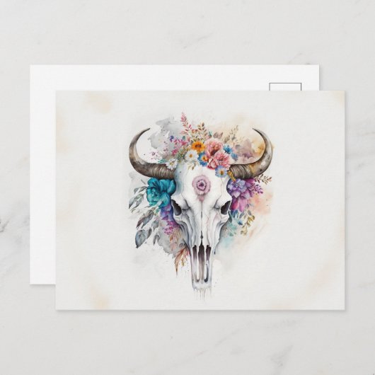 Floral Bull Skull Watercolor Art Briefkaart (Voorkant / Achterkant)