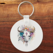 Floral Bull Skull Watercolor Art Sleutelhanger (Voorkant)