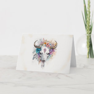 Floral Bull Skull Waterverf Art Kaart