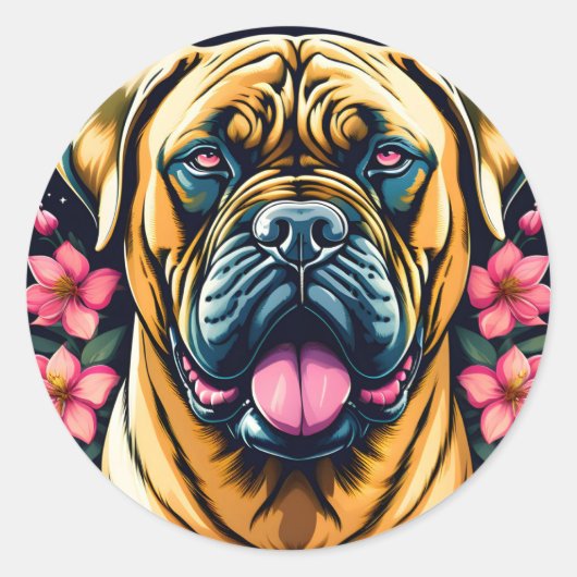 Floral Bullmastiff Dog Ronde Sticker (Voorkant)