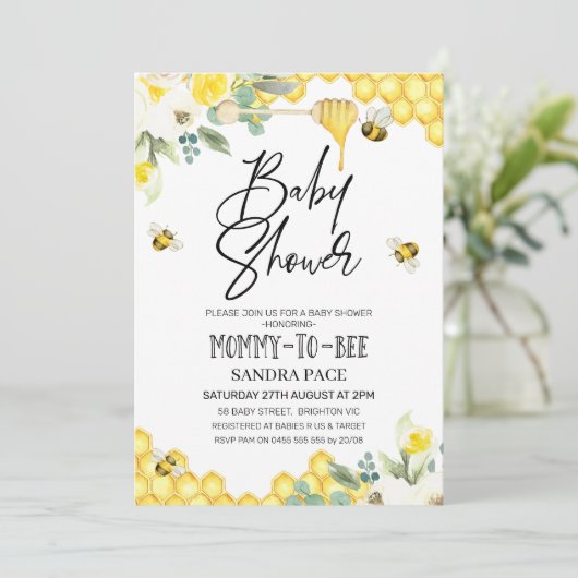 Floral Bumble Bee Thereed Baby shower Invitation Kaart (Staand voorkant)