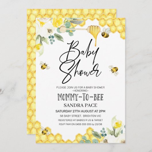Floral Bumble Bee Thereed Baby shower Invitation Kaart (Voorkant / Achterkant)