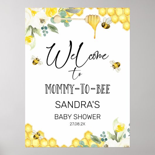 Floral Bumble Bee ThMED Baby shower Welcome Sign Poster (Voorkant)