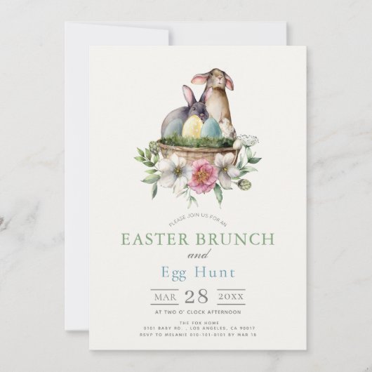 Floral Bunnies Brunch & Egg Hunt Invitation Kaart (Voorkant)