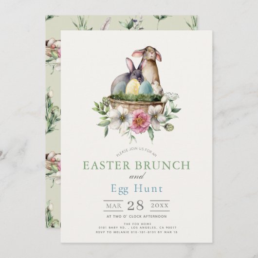 Floral Bunnies Brunch & Egg Hunt Invitation Kaart (Voorkant / Achterkant)