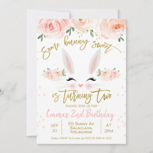 Floral bunny 2e verjaardag uitnodiging (Voorkant)