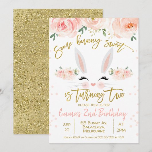 Floral bunny 2e verjaardag uitnodiging (Voorkant / Achterkant)