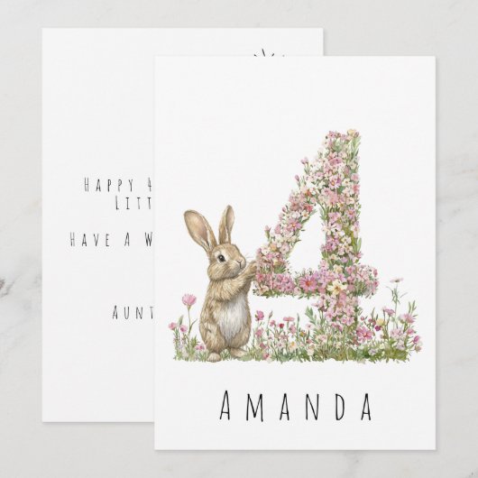 Floral Bunny 4e Verjaardag Kaart (Voorkant / Achterkant)