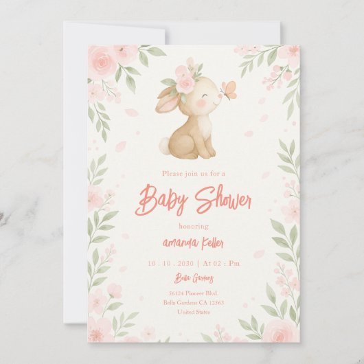 Floral Bunny Baby shower Kaart (Voorkant)
