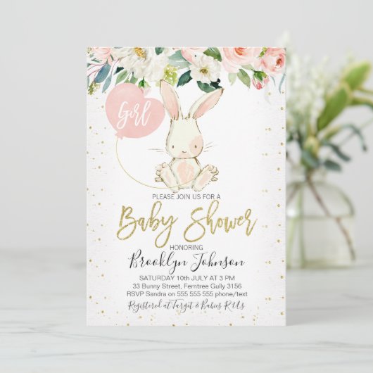 Floral Bunny Baby shower van Sweet Girl Kaart (Staand voorkant)