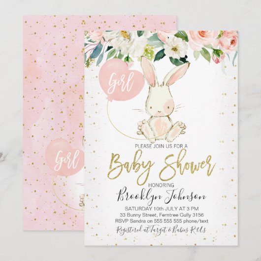 Floral Bunny Baby shower van Sweet Girl Kaart (Voorkant / Achterkant)