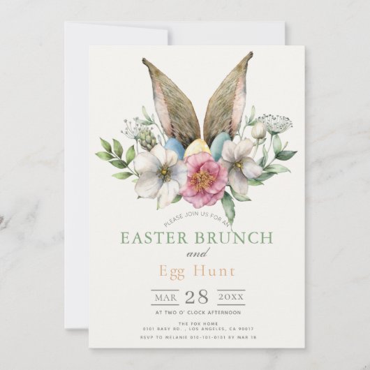 Floral Bunny Ear Easter Brunch & Egg Hunt Kaart (Voorkant)