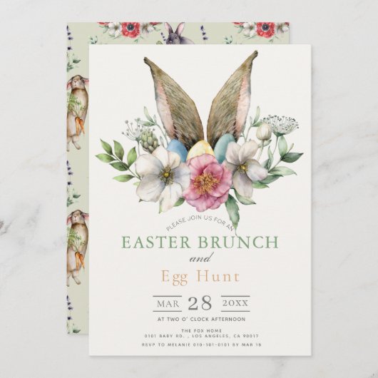 Floral Bunny Ear Easter Brunch & Egg Hunt Kaart (Voorkant / Achterkant)