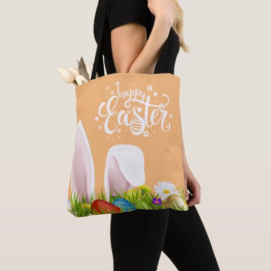 Floral Bunny Ears Happy Pasen | Canvas tas (Dichtbij)