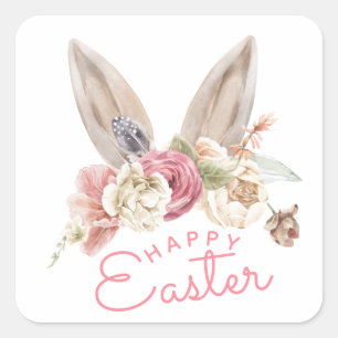 Floral Bunny Ears   Vrolijk Pasen Vierkante Sticker