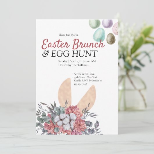 Floral Bunny Easter Brunch Egg Hunt Uitnodiging (Staand voorkant)