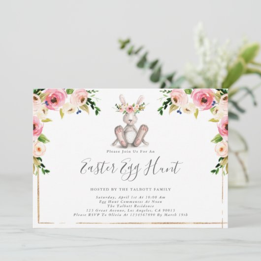 Floral Bunny Easter Egg Hunt Invitation Kaart (Staand voorkant)