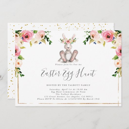 Floral Bunny Easter Egg Hunt Invitation Kaart (Voorkant / Achterkant)