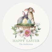 Floral Bunny Eggs Happy Pasen Ronde Sticker (Voorkant)