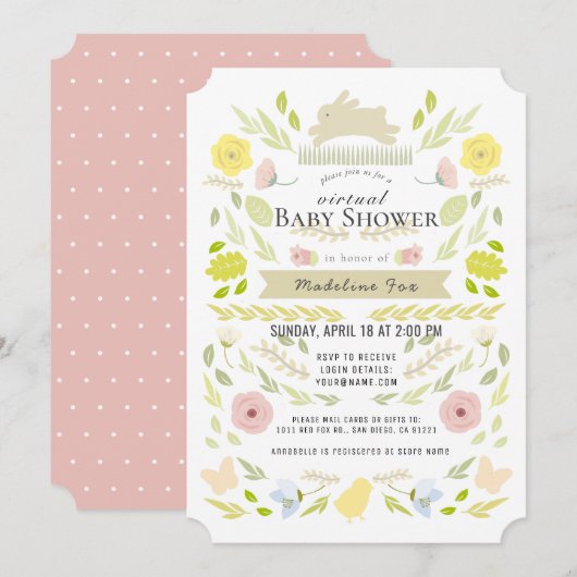 Floral Bunny Foliage Pink Virtual Baby shower Kaart (Voorkant / Achterkant)