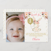 Floral Bunny Foto 1e verjaardag Hartelijk dank Kaart (Voorkant / Achterkant)