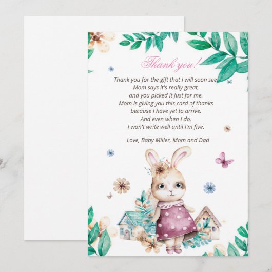 Floral Bunny Girl Baby shower Hartelijk dank Bedankkaart (Voorkant / Achterkant)