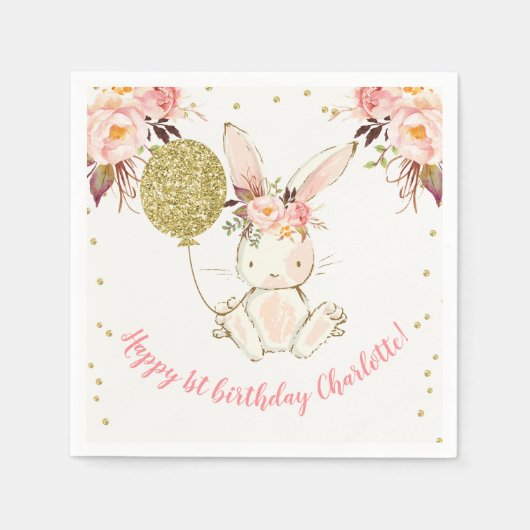 Floral Bunny Happy Birthday Papier Servet (Voorkant)