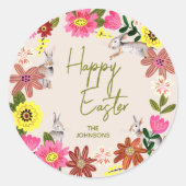Floral Bunny Happy Easter Spring Gift Ronde Sticker (Voorkant)