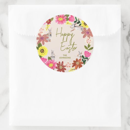 Floral Bunny Happy Easter Spring Gift Ronde Sticker (Tas)