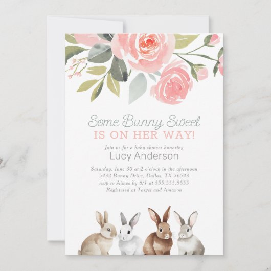 Floral Bunny Meisje Baby shower Kaart (Voorkant)