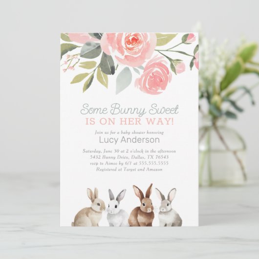 Floral Bunny Meisje Baby shower Kaart (Staand voorkant)