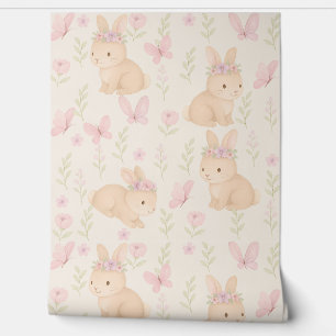Floral Bunny Nursery Wallpaper – Zacht Roze Behang