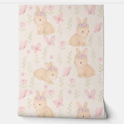 Floral Bunny Nursery Wallpaper – Zacht Roze Behang (Afrollen)