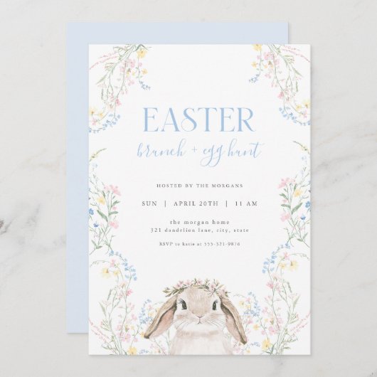 Floral Bunny Pasen Brunch & Egg Hunt uitnodiging (Voorkant / Achterkant)