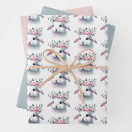 Floral Bunny Pasen Wrapping Paper Sheet Set van 3